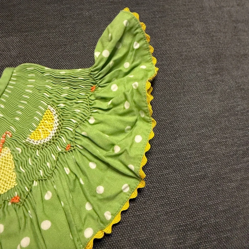 Handmade Girls Smocked Lemonade Dress‎ Green Polka Dot Ric Rac Trim Summer